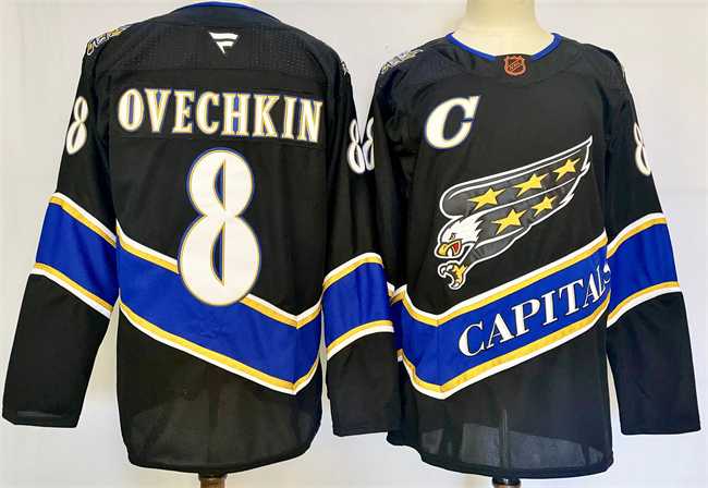 Men%27s Washington Capitals #8 Alexander Ovechkin Black 2024-25 C Patch Home Stitched Hockey Jersey